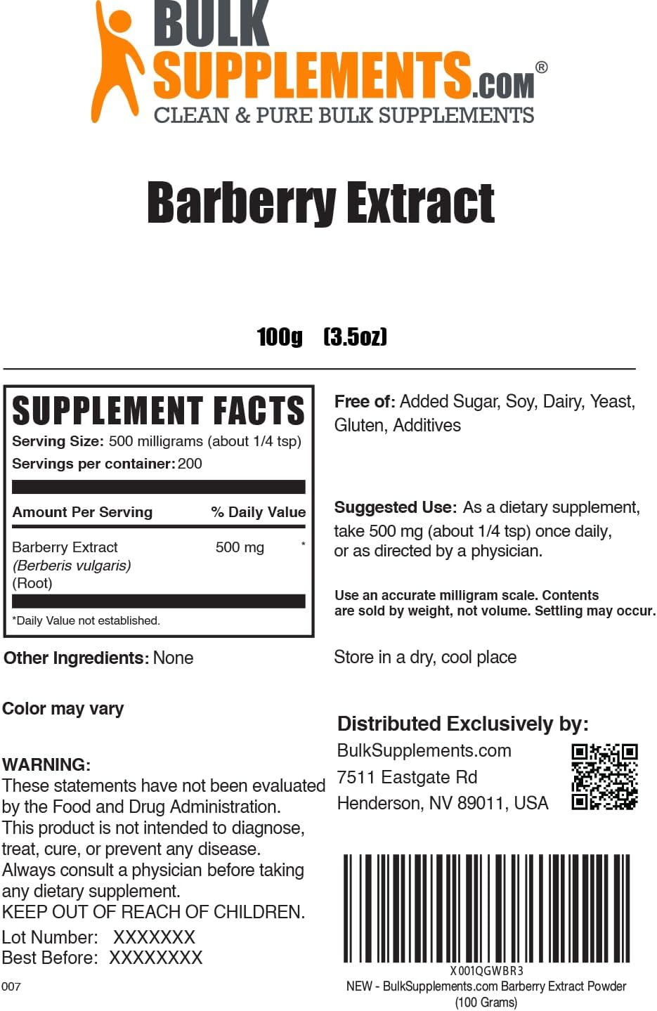 Barberry Extract Powder - Herbal Supplement, Gluten Free, 500mg per Serving, 100g (3.5 oz) - BulkSupplements.com