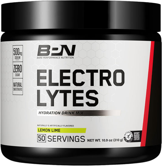 Bare Performance Nutrition BPN Electrolyte Hydration Drink Mix, Sugar-Free Powder with 500mg Sodium, Lemon Lime Flavor, 50 Servings