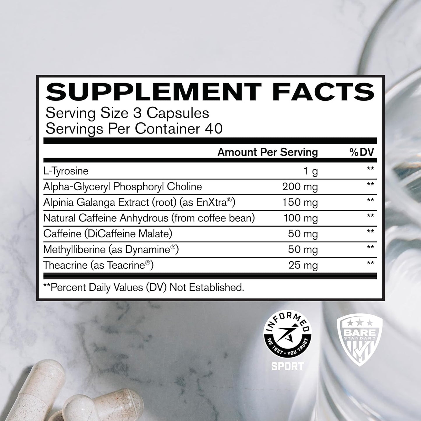 BARE PERFORMANCE NUTRITION BPN in-Focus Brain Supplement - Memory & Focus Caffeine Pills with L Tyrosine & Alpha GPC, 40 Servings, Gluten Free & Vegan