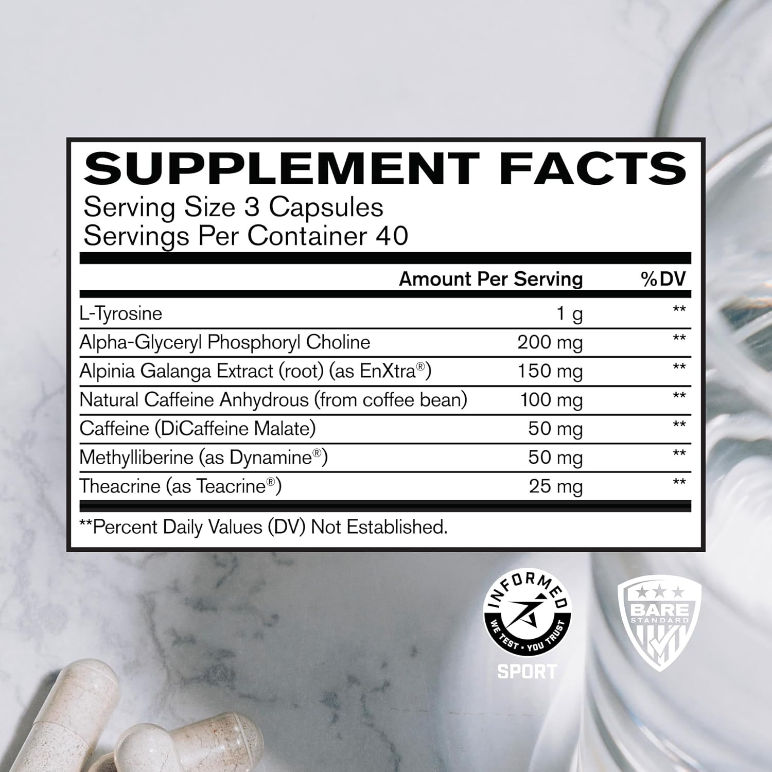 BARE PERFORMANCE NUTRITION BPN in-Focus Brain Supplement - Memory & Focus Caffeine Pills with L Tyrosine & Alpha GPC, 40 Servings, Gluten Free & Vegan
