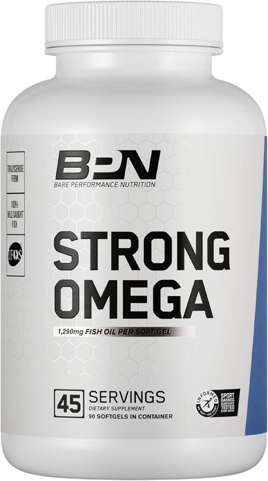 BARE PERFORMANCE NUTRITION BPN Strong Omega Fish Oil Soft Gel - 1290mg per Capsule - Wild Caught & Sustainably Sourced - IFOS Certified