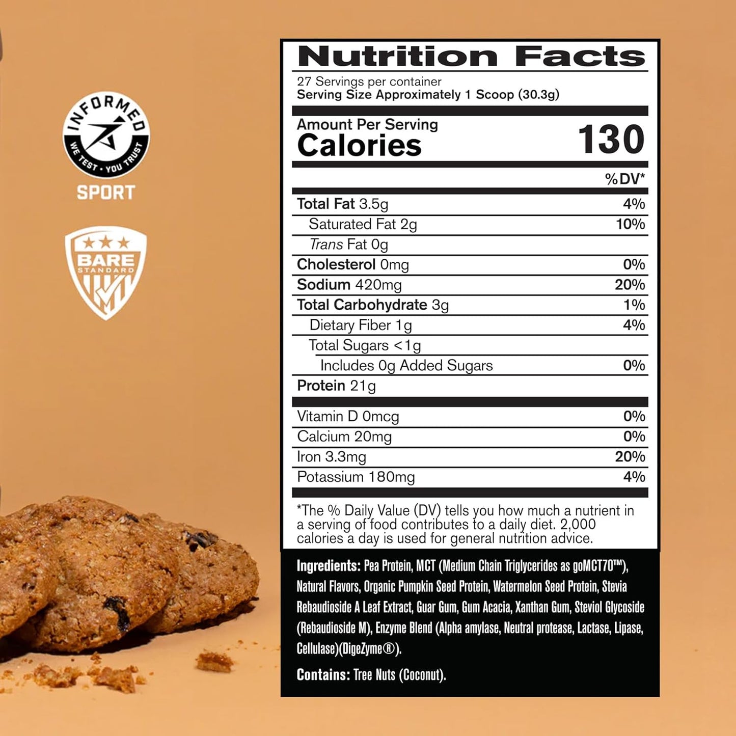 Bare Performance Nutrition Vegan Protein Blend - Pea, Watermelon, and Pumpkin Protein, Naturally Sweetened & Flavored, 27 Servings