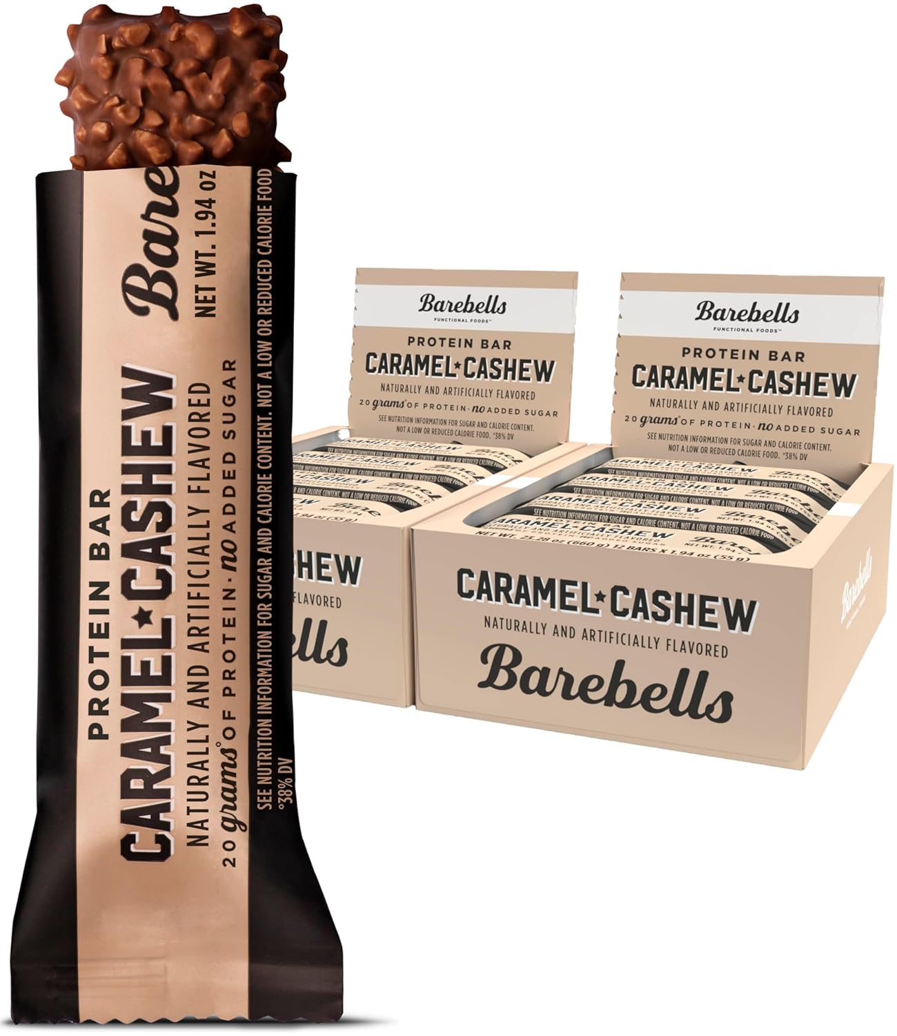 Barebells Caramel Cashew Protein Bars - 24 Count, 20g Protein, Low Sugar Chocolate Bars - On-The-Go Snack & Breakfast Bars