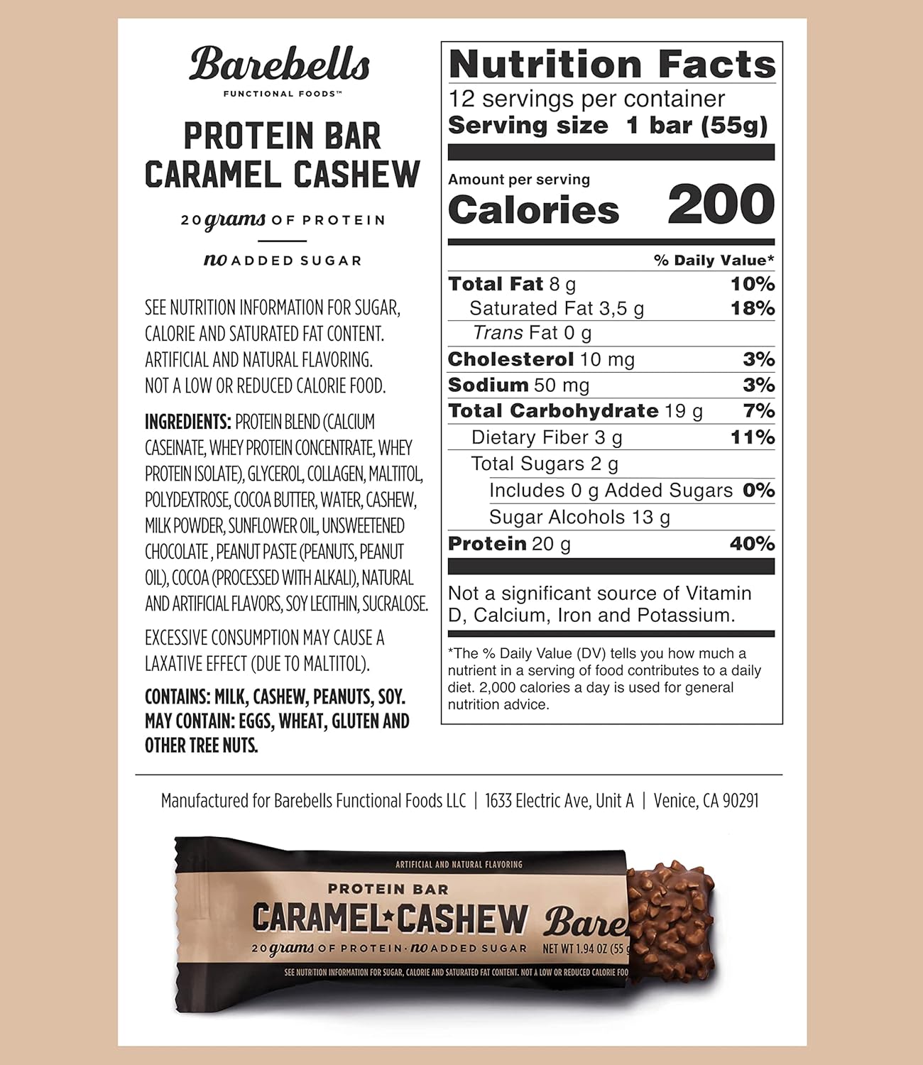 Barebells Caramel Cashew Protein Bars - 24 Count, 20g Protein, Low Sugar Chocolate Bars - On-The-Go Snack & Breakfast Bars
