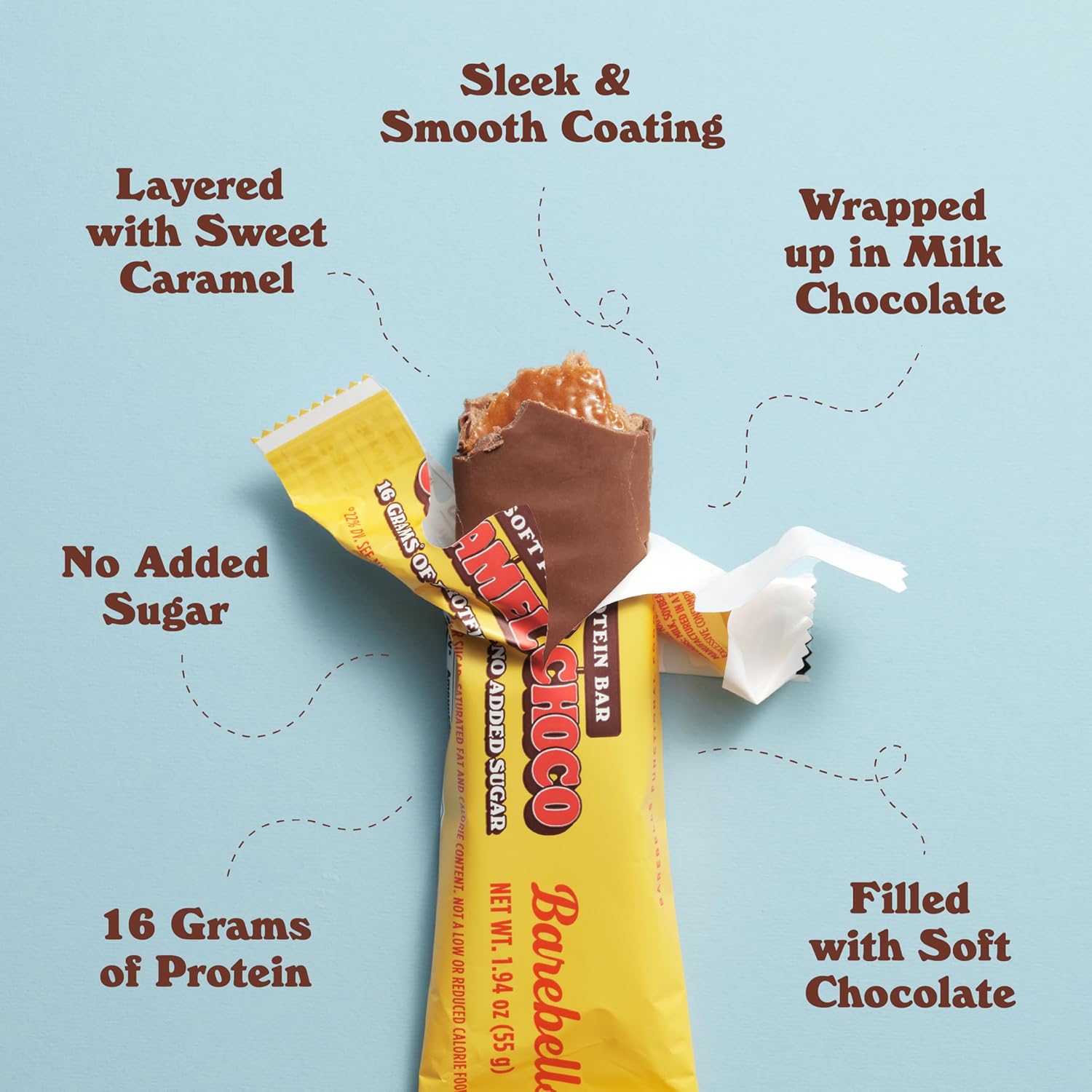 Barebells Caramel Choco Soft Protein Bars - 12 Count, 1.9oz Bars - High Protein Snacks with 16g Protein - Fluffy Chocolate Bar with 2g Sugars - Soft Protein Snack & Breakfast Bars