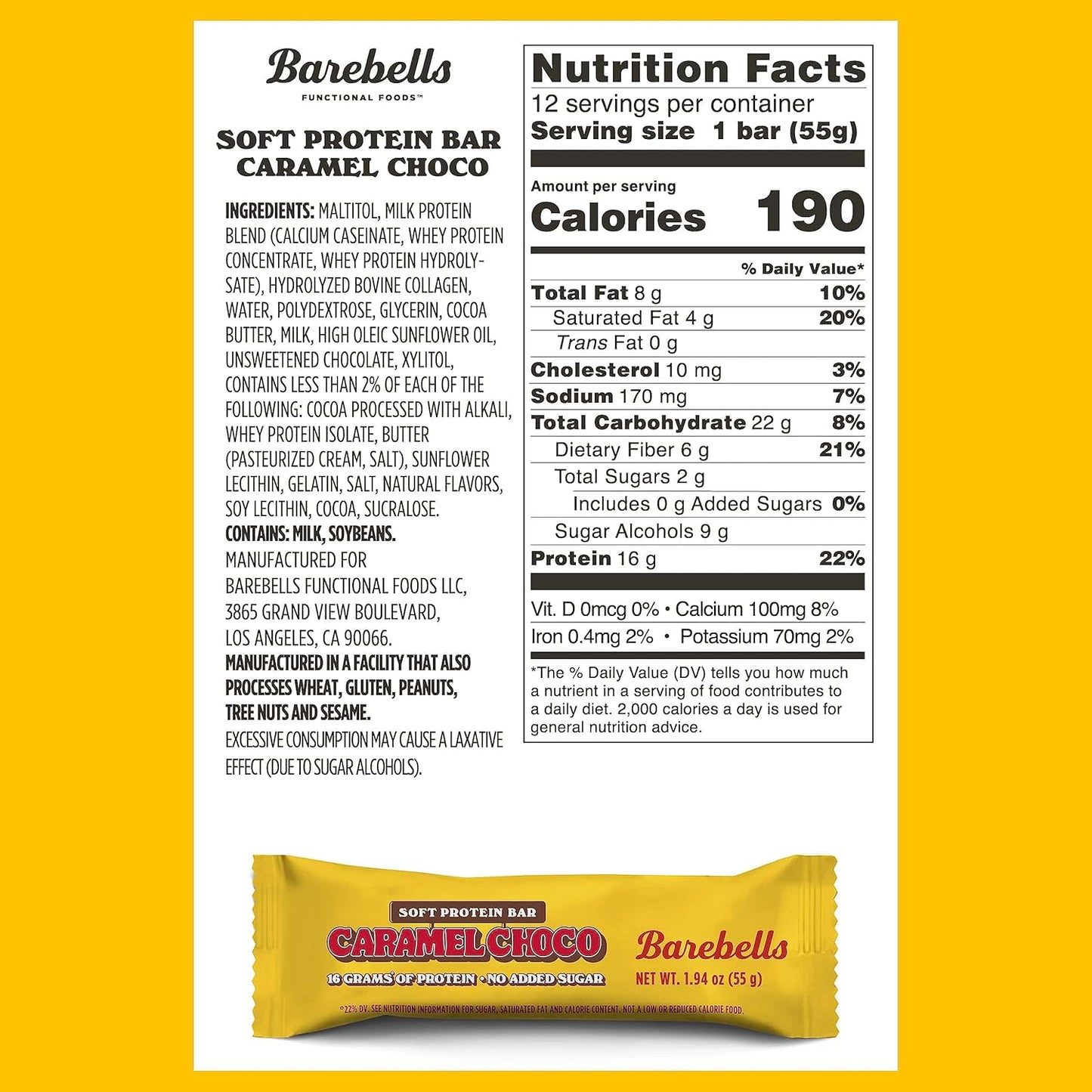 Barebells Caramel Choco Soft Protein Bars - 12 Count, 1.9oz Bars - High Protein Snacks with 16g Protein - Fluffy Chocolate Bar with 2g Sugars - Soft Protein Snack & Breakfast Bars