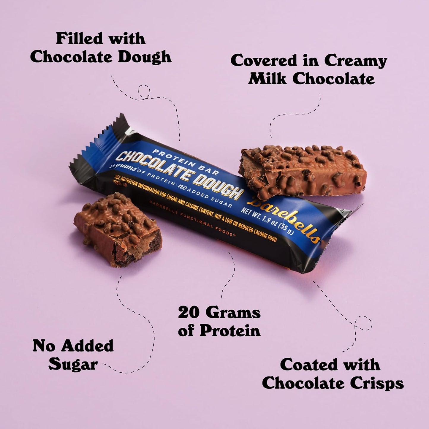 Barebells Chocolate Dough Protein Bars - 12 Count, 20g High Protein on-the-Go Snack with 1g Sugar - Breakfast or Post-Workout Bar