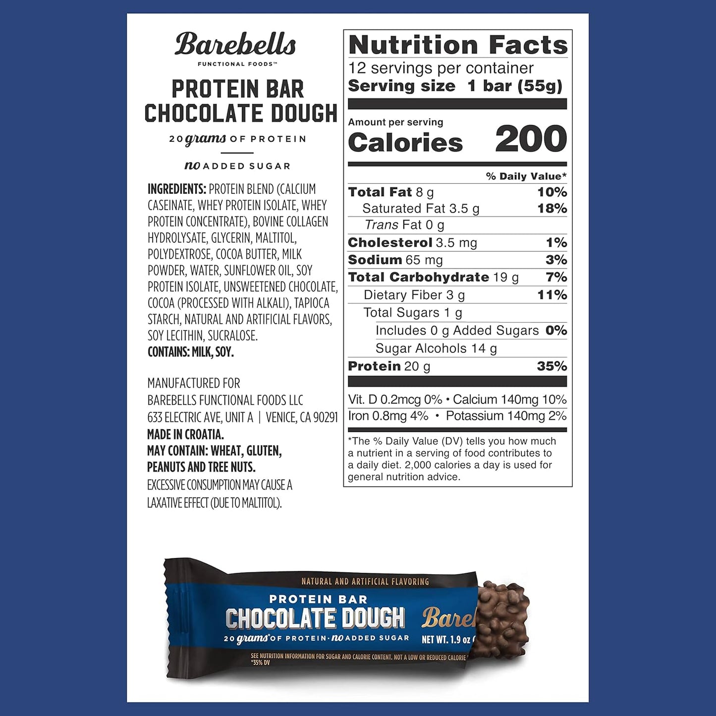 Barebells Chocolate Dough Protein Bars - 12 Count, 20g High Protein on-the-Go Snack with 1g Sugar - Breakfast or Post-Workout Bar