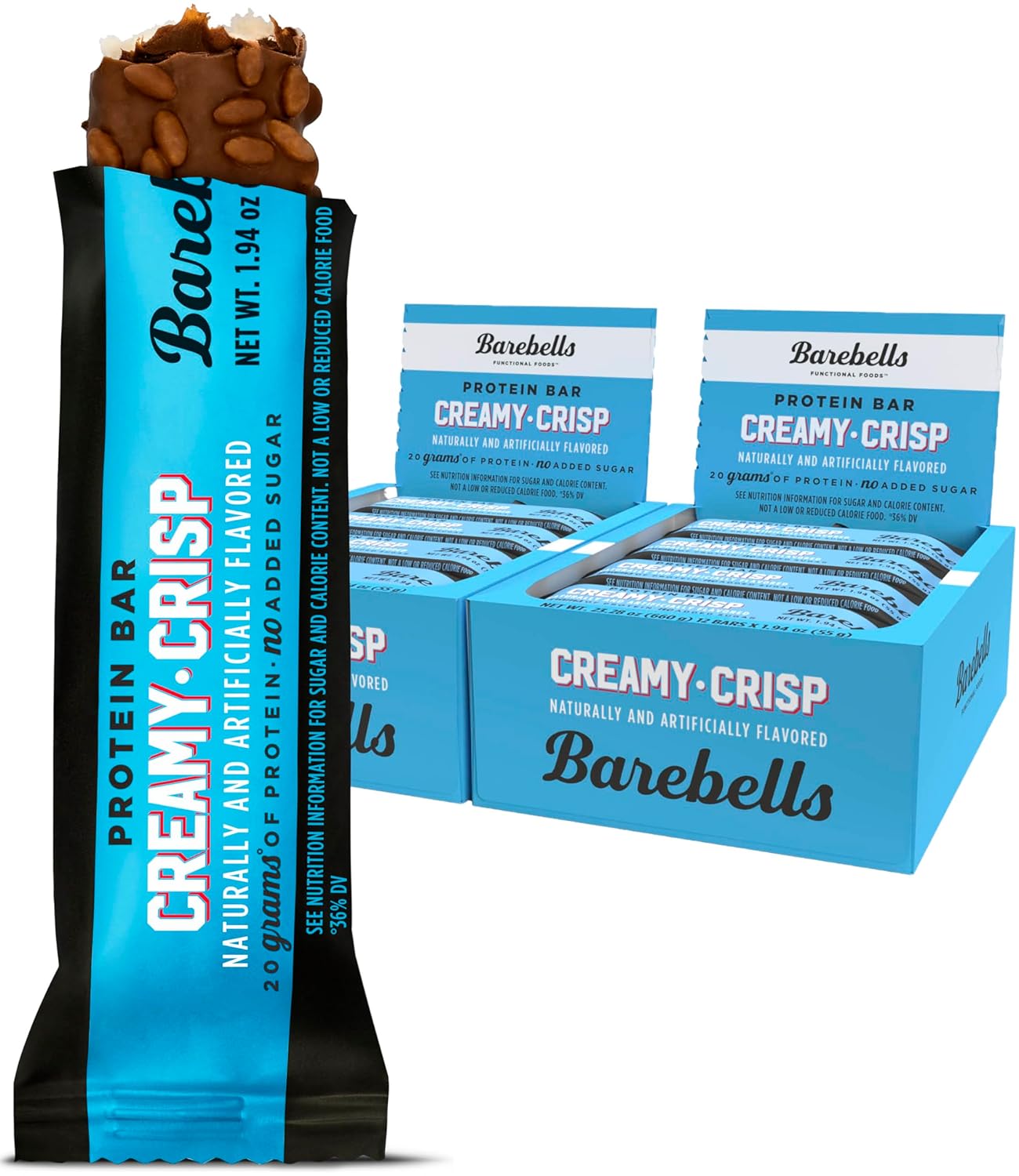 BAREBELLS Creamy Crisp Protein Bars - 24 Bars, 20g Protein, Low Sugar Chocolate Snack Bars for On-The-Go Breakfast & Snacking