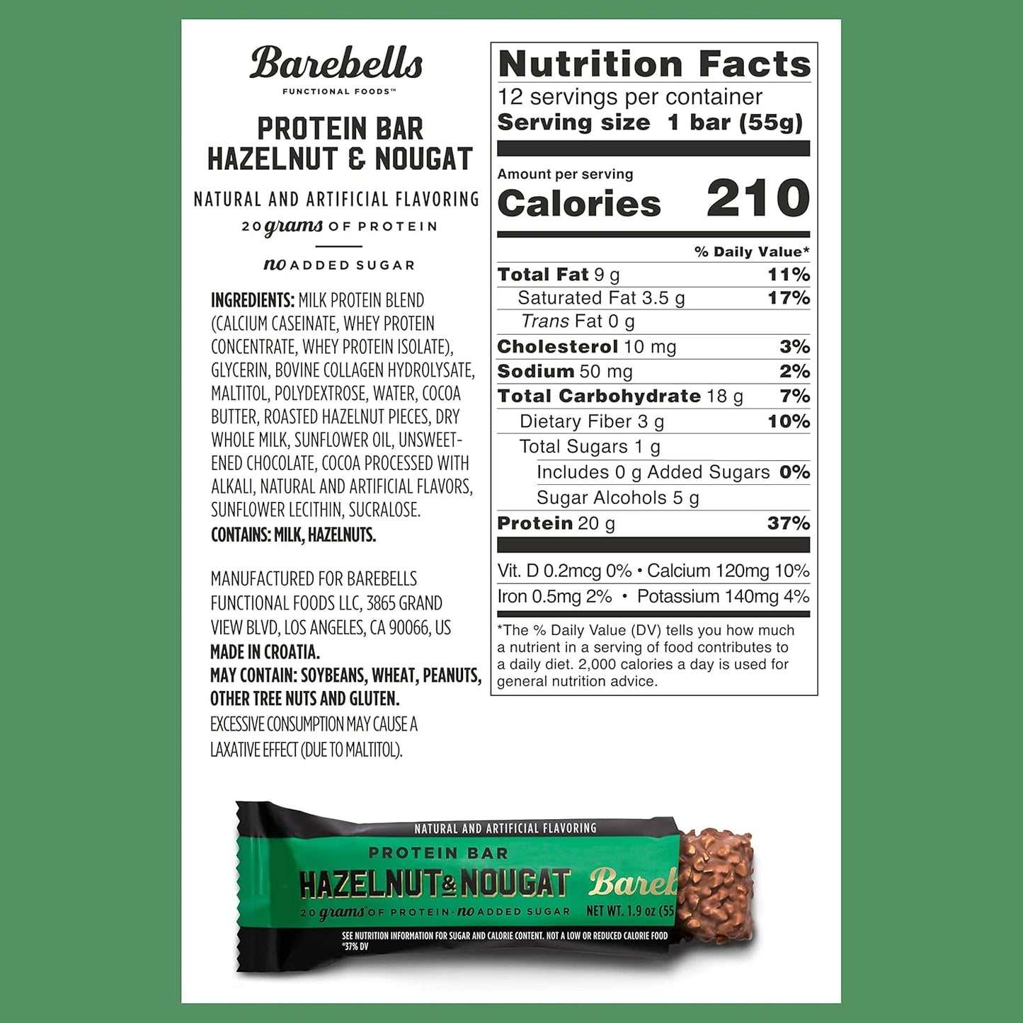 Barebells Hazelnut & Nougat Protein Bars - 12 Count, 1.9oz Bars - High Protein Snacks with 20g Protein - Low Sugar Chocolate Protein Bar - On The Go Breakfast Bars