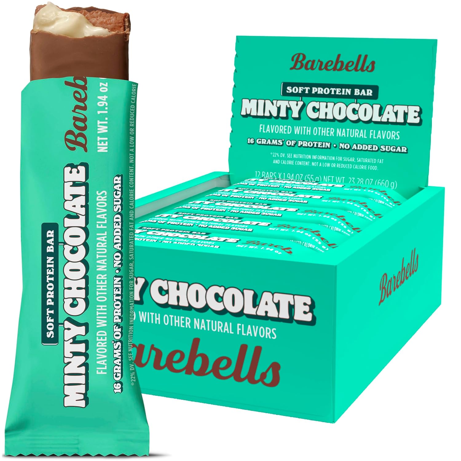 Barebells Minty Chocolate Soft Protein Bars - 12 Count, 16g High Protein Treats with 1g Total Sugars - On-The-Go Breakfast or Post-Workout Snack