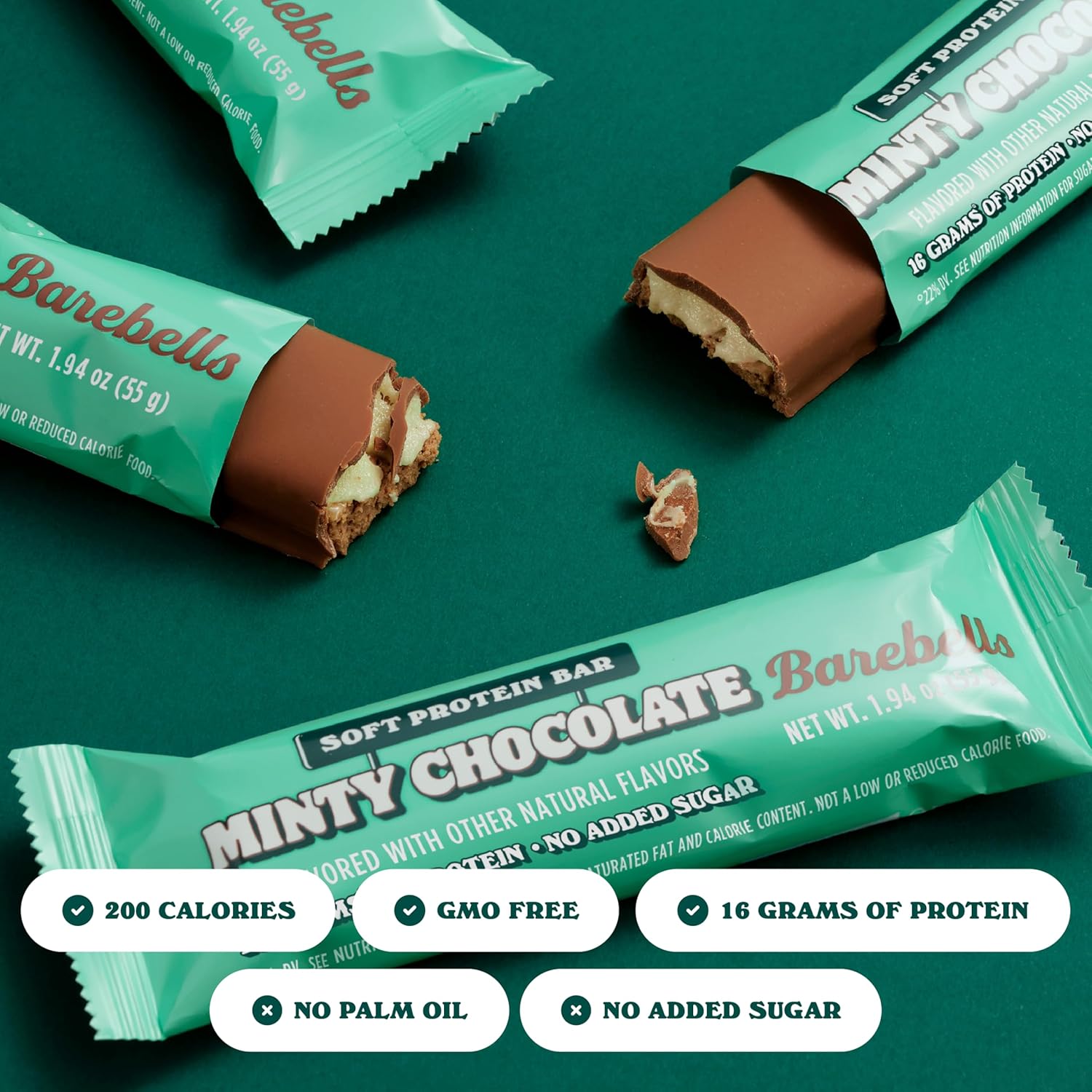 Barebells Minty Chocolate Soft Protein Bars - 12 Count, 16g High Protein Treats with 1g Total Sugars - On-The-Go Breakfast or Post-Workout Snack