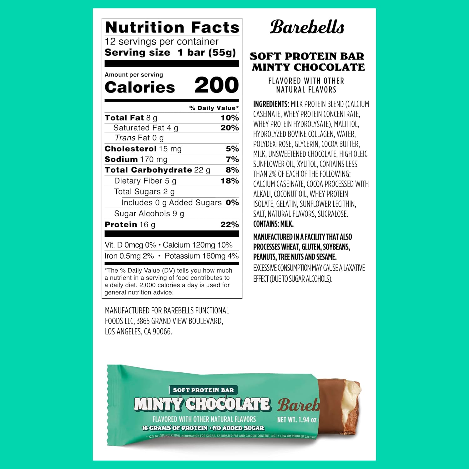 Barebells Minty Chocolate Soft Protein Bars - 12 Count, 16g High Protein Treats with 1g Total Sugars - On-The-Go Breakfast or Post-Workout Snack