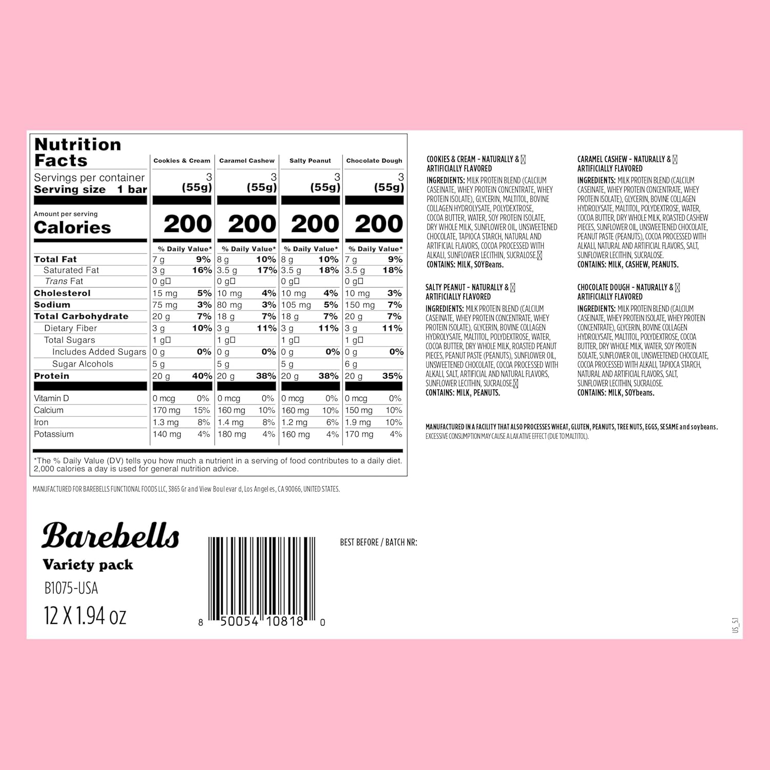 Barebells Protein Bars Variety Pack - 12 Count, 1.9oz Bars - High Protein Snacks with 20g Protein - Chocolate Bars with 1g Sugars - On The Go Protein Snack & Breakfast Bars
