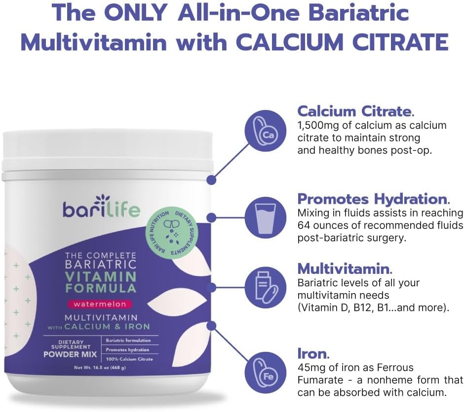 Bari Life Bariatric Multivitamin Powder Mix with Iron for Gastric Sleeve Patients - Watermelon Flavor, 60 Servings
