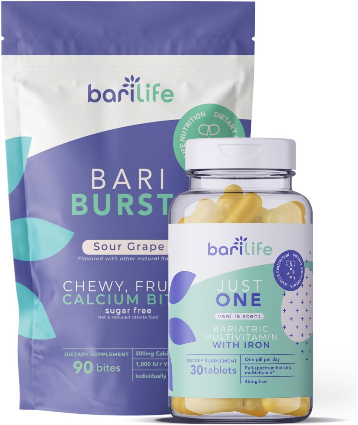 Bari Life Bariatric Multivitamin with Iron and Calcium Soft Chews (Sour Grape Flavor) - Daily Support for Slimming Formula Surgery Patients