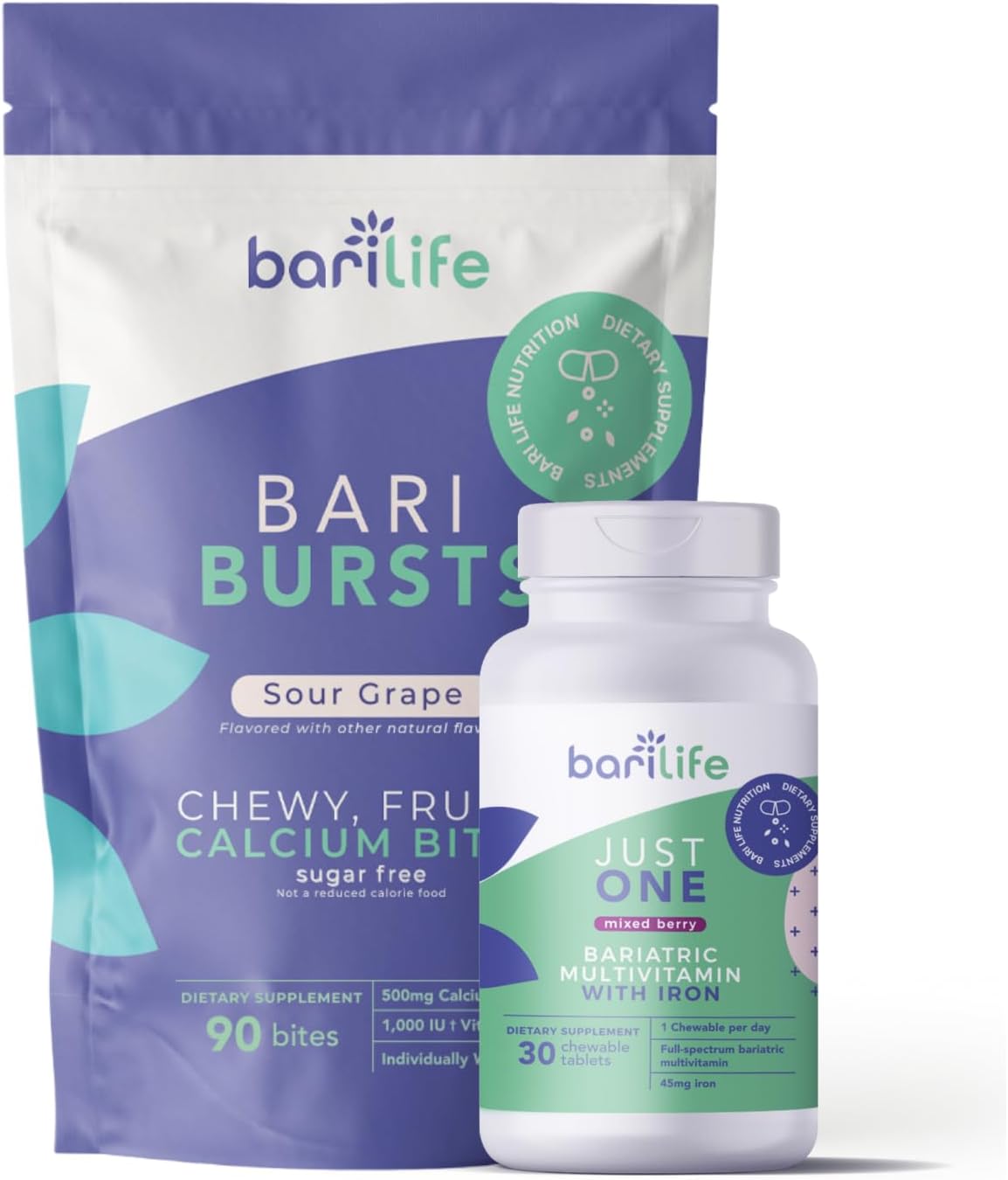 Bari Life Chewable Multivitamin & Iron + BariBurst Calcium Citrate Chews for Bariatric Patients (Sour Grape)