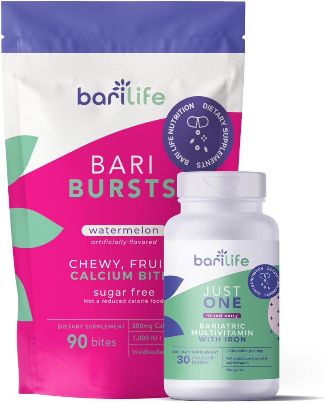 Bari Life One-a-Day Bariatric Multivitamin + Iron with BariBurst Calcium Soft Chews - Watermelon Flavor for Gastric Surgery Patients