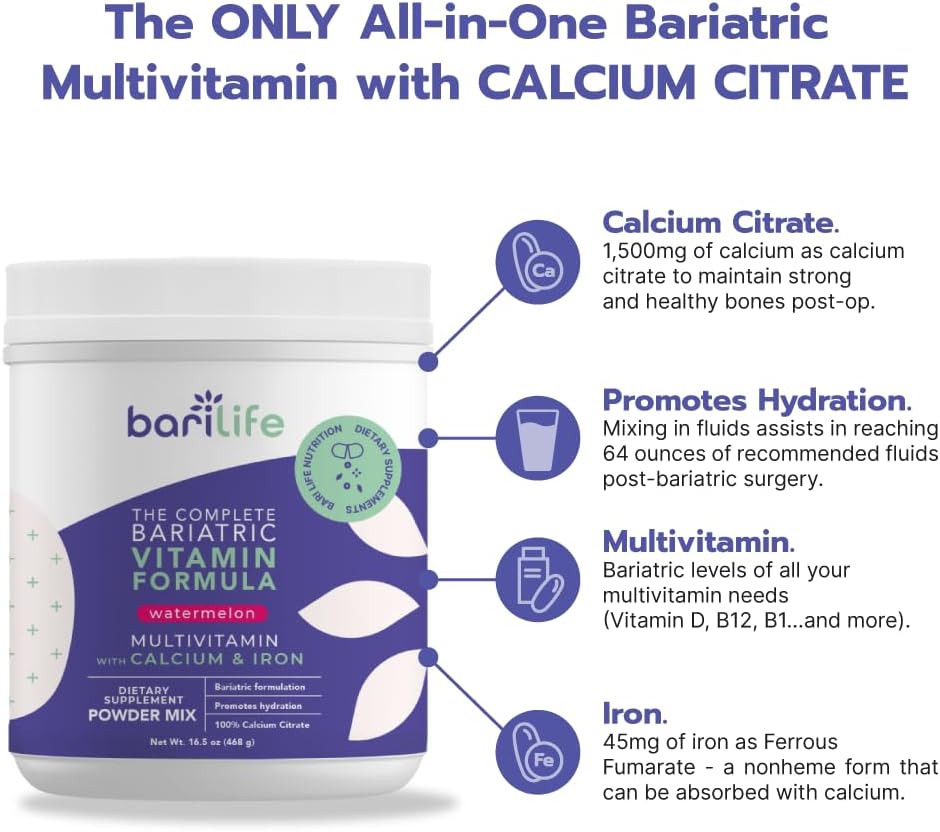 Bari Life Watermelon Bariatric Multivitamin Powder with Probiotic and Vitamin B1 - Complete Nutrition Support