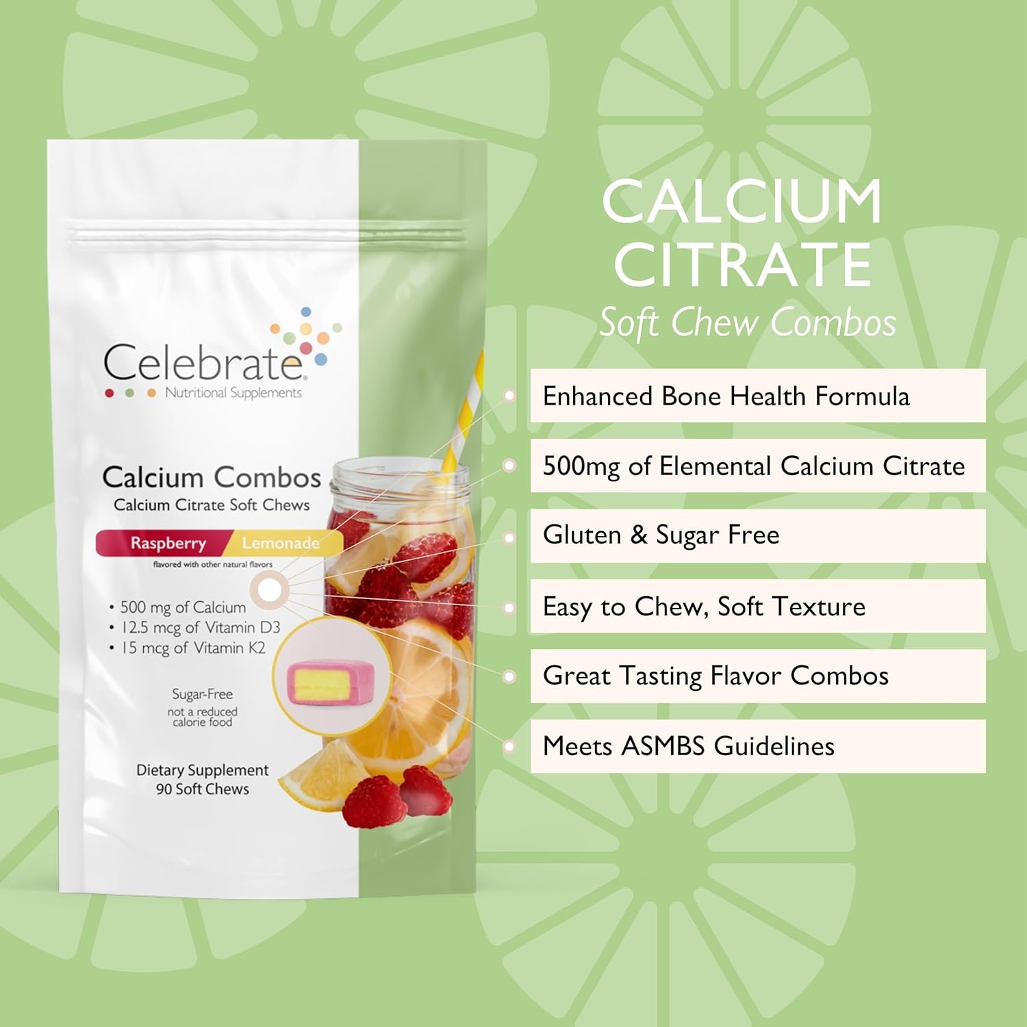 Bariatric 500mg Calcium Citrate Soft Chews with Vitamin D3 - Raspberry Lemonade Flavor - Sugar & Gluten Free - 90 Chews