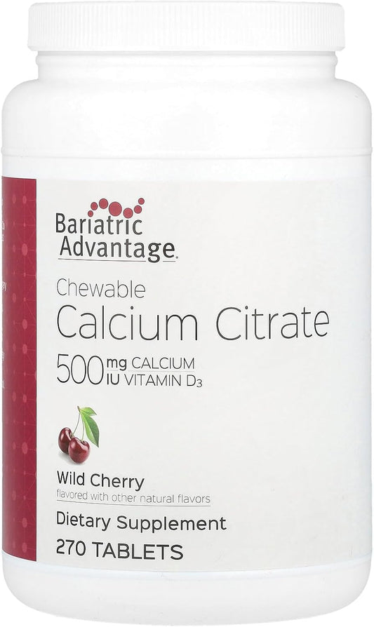 Bariatric Advantage Calcium Citrate Chewables with Vitamin D3 - 500mg, 270 Count, Wild Cherry Flavor, Low Sugar - Ideal for Gastric Bypass & Sleeve Gastrectomy