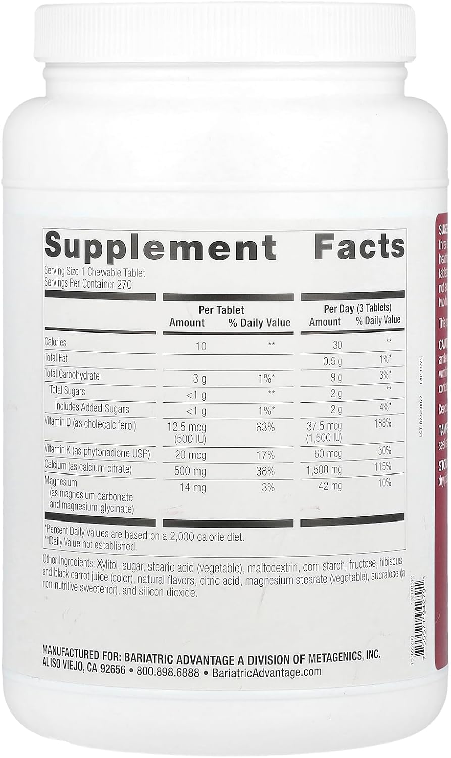 Bariatric Advantage Calcium Citrate Chewables with Vitamin D3 - 500mg, 270 Count, Wild Cherry Flavor, Low Sugar - Ideal for Gastric Bypass & Sleeve Gastrectomy