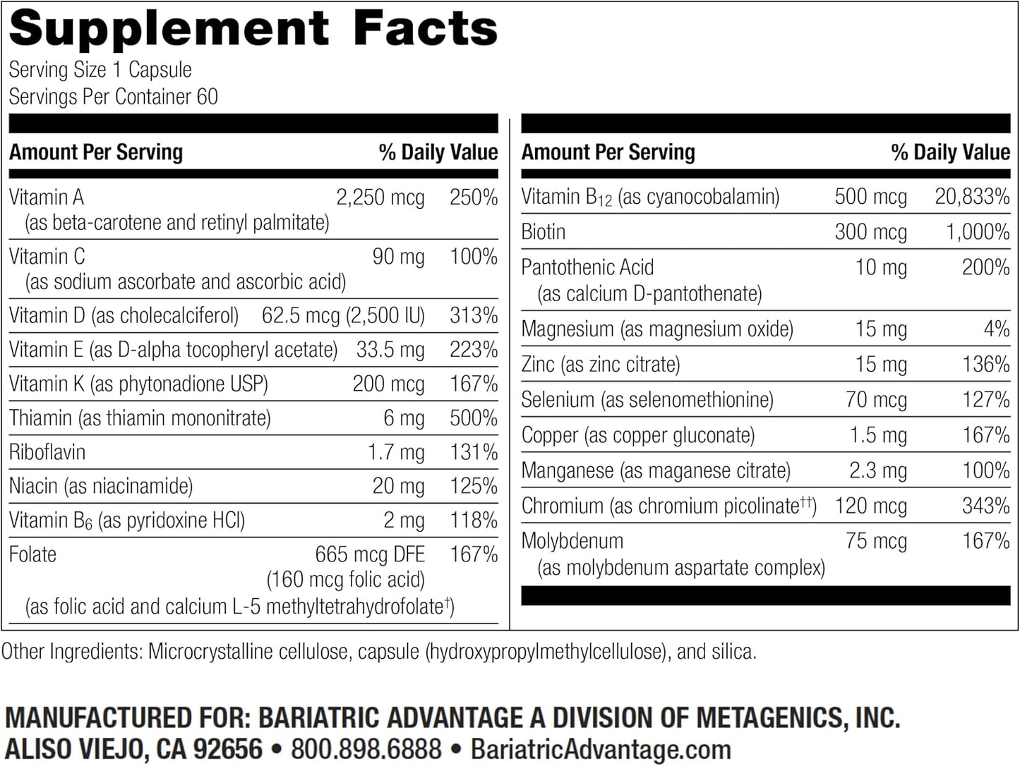 Bariatric Advantage High ADEK Multi - Complete Multivitamin for Bariatric Surgery - 60 Capsules