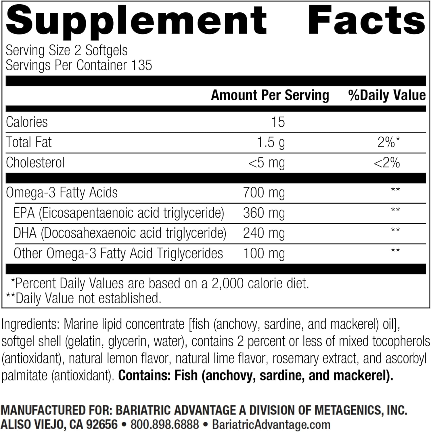 Bariatric Advantage Omega-3 Fish Oil Capsules 300 EPA DHA, Lemon Lime Flavor - 270 Softgels