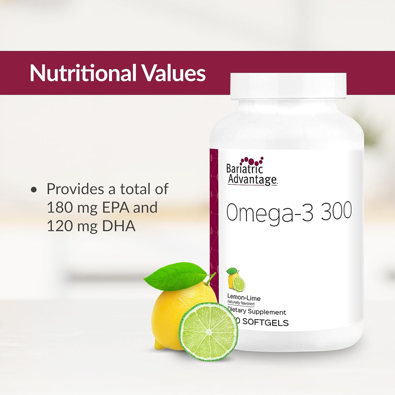 Bariatric Advantage Omega-3 Fish Oil Capsules 300 EPA DHA, Lemon Lime Flavor - 270 Softgels