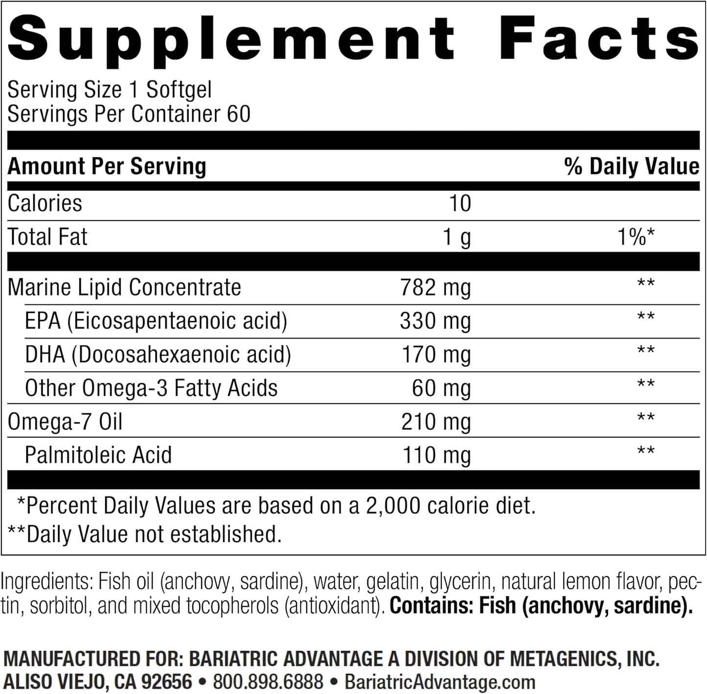Bariatric Advantage OmegaVanta 10 Omega Fish Oil Softgels - EPA & DHA Enriched - Heart Health Support - Natural Lemon Flavor - 60 Enteric Softgels