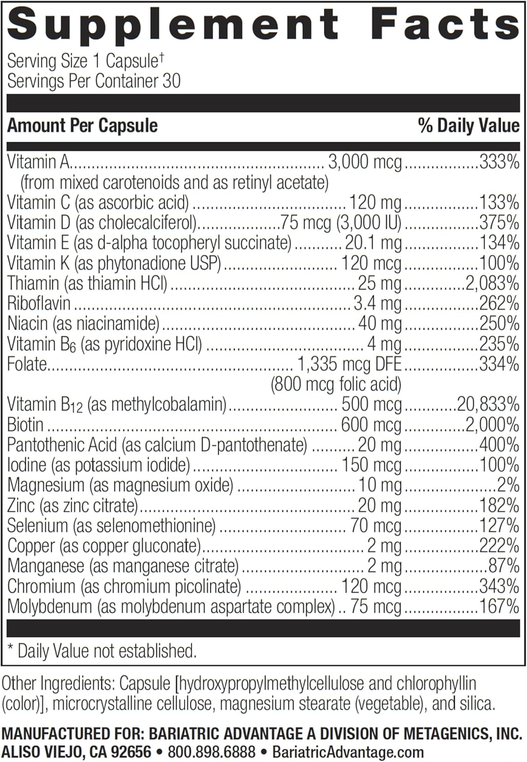 Bariatric Advantage Ultra Solo Multivitamin Without Iron - Daily Once-Per-Day Capsules for Bariatric Patients - Gluten Free with Thiamin & Vitamin A - 30 Count