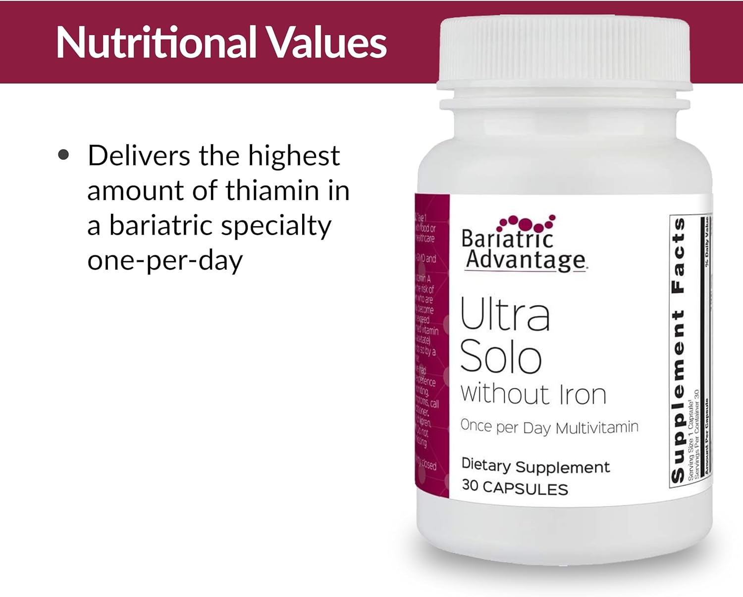 Bariatric Advantage Ultra Solo Multivitamin Without Iron - Daily Once-Per-Day Capsules for Bariatric Patients - Gluten Free with Thiamin & Vitamin A - 30 Count