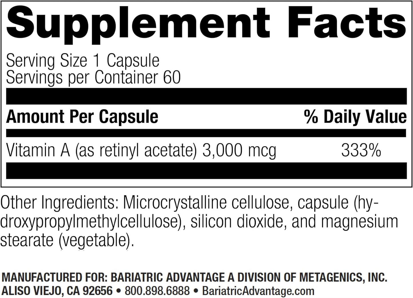 Bariatric Advantage Vitamin A 3,000 mcg Capsules for Eye Health Support - Easy to Digest - 60 Count