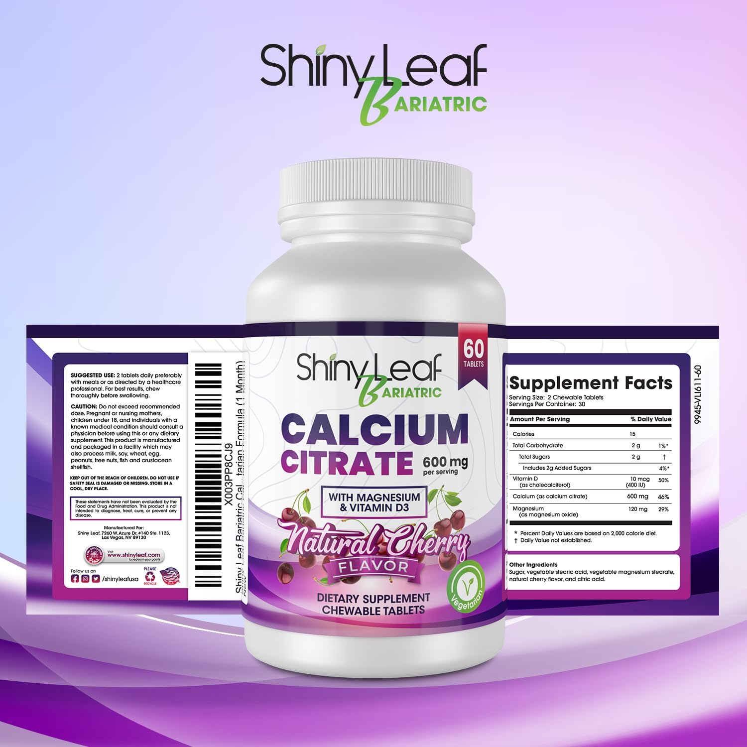 Bariatric Calcium Citrate 600mg Chewable Tablets - 240 Ct Supplement with Magnesium, Vitamin D3, Cherry Flavor - Vegetarian Friendly