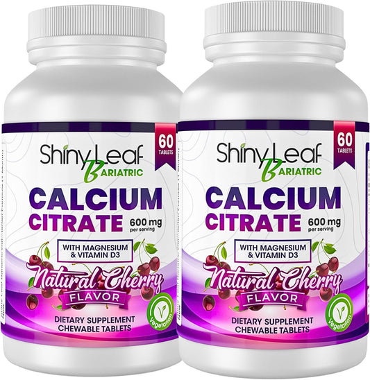 Bariatric Calcium Citrate Chewable Tablets 600mg - 120 Ct with Magnesium, Vitamin D3, Cherry Flavor - Vegetarian Formula for 2 Months