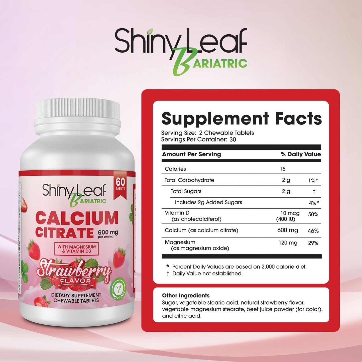 Bariatric Calcium Citrate Chewable Tablets for Surgery Patients - 600mg with Magnesium, Vitamin D3, Strawberry Flavor - 4 Months Supply