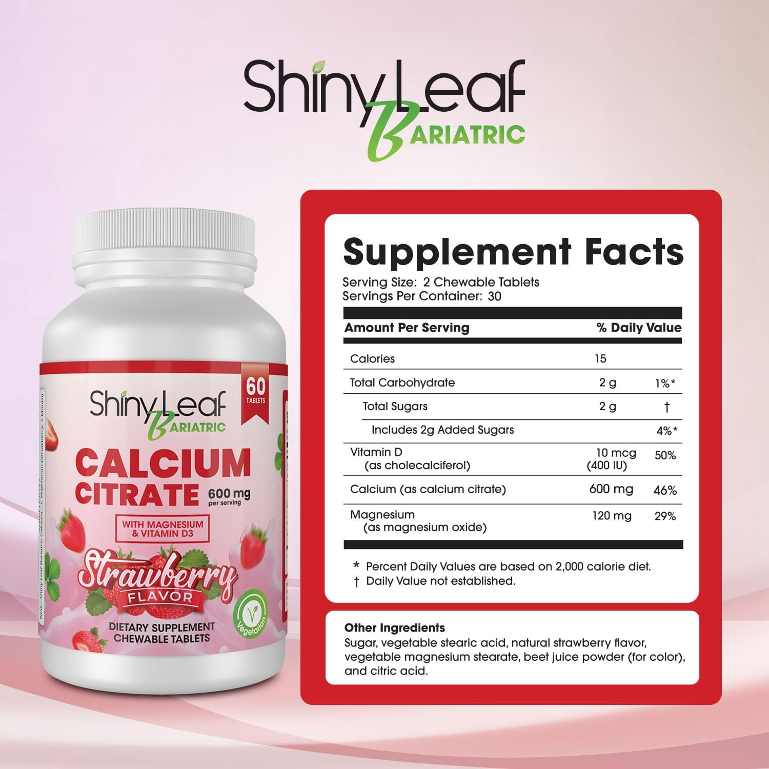 Bariatric Calcium Citrate Chewable Tablets for Surgery Patients - 600mg with Magnesium, Vitamin D3, Strawberry Flavor - 4 Months Supply