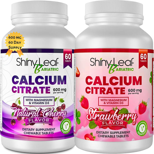 Bariatric Calcium Citrate Chewable Tablets with Magnesium & Vitamin D3 - Cherry & Strawberry Flavors, 2 x 60 Ct Vegan Supplements for Bariatric Surgery Patients
