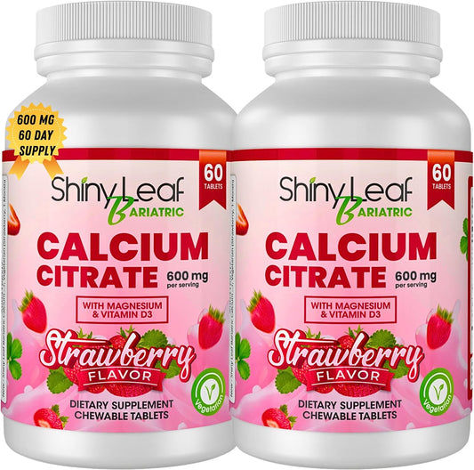 Bariatric Calcium Citrate Chewable Tablets with Magnesium & Vitamin D3 - 120 Ct, 600mg, Natural Strawberry Flavor, Vegetarian Formula