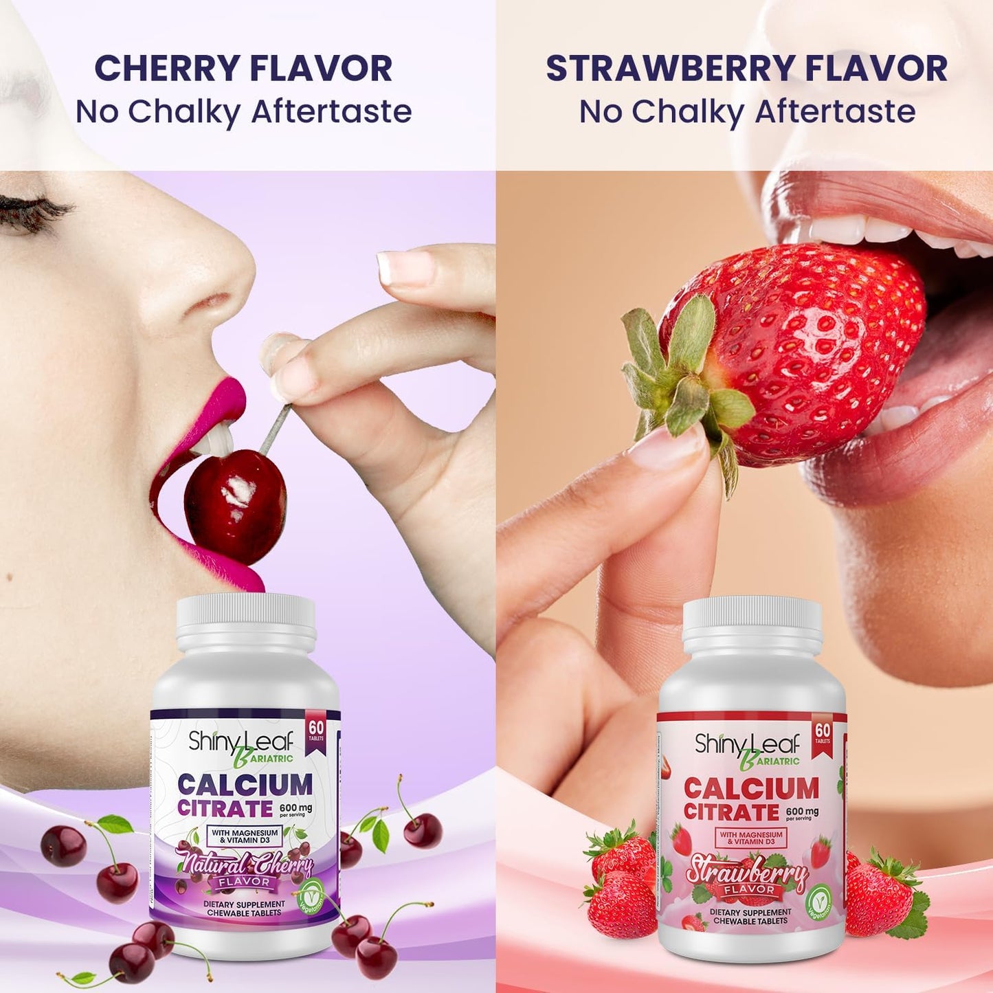 Bariatric Calcium Citrate Chewable Tablets with Magnesium & Vitamin D3 - Cherry & Strawberry Flavors, 2 x 60 Ct Vegan Supplements for Bariatric Surgery Patients