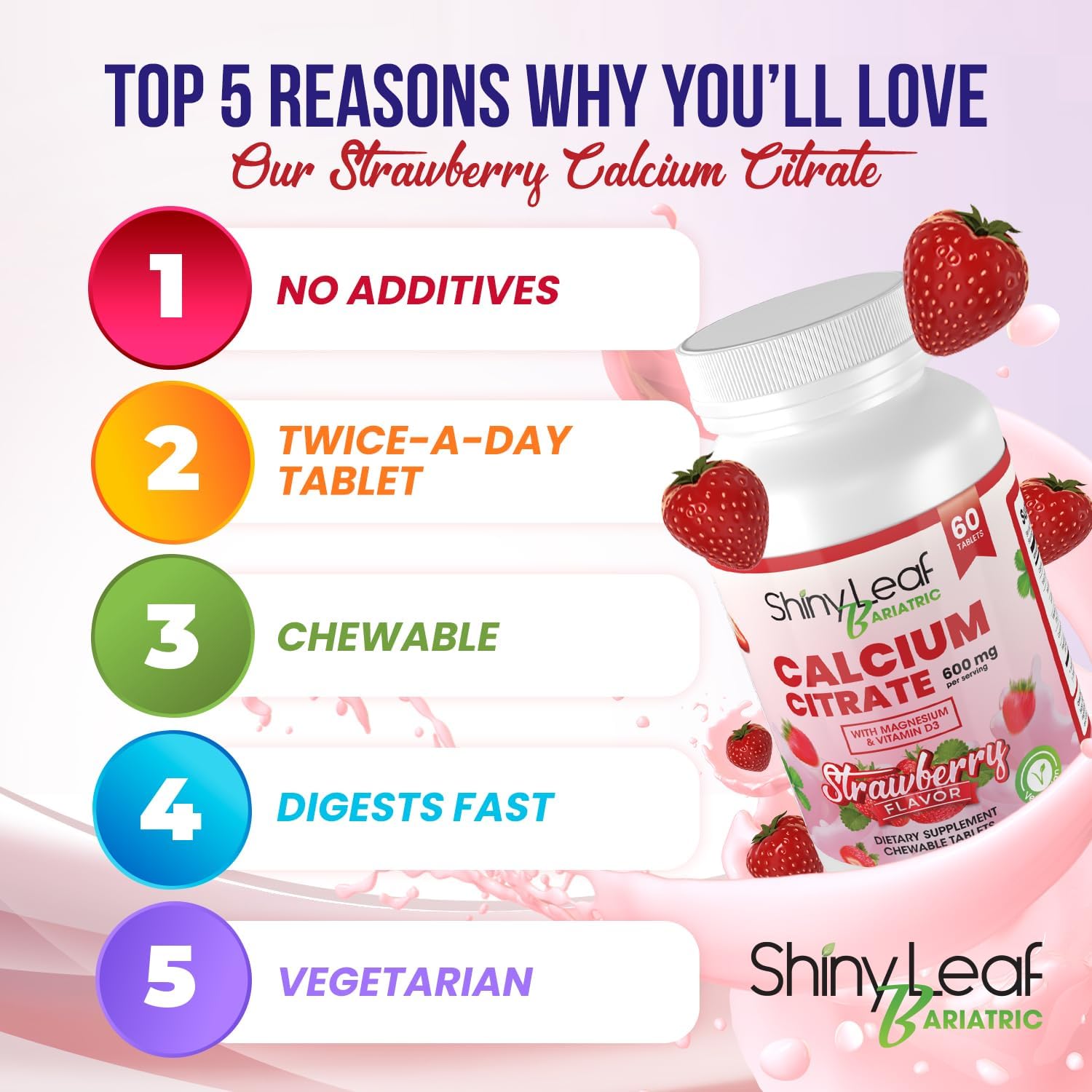 Bariatric Calcium Citrate Chewable Tablets with Magnesium & Vitamin D3 - 120 Ct, 600mg, Natural Strawberry Flavor, Vegetarian Formula