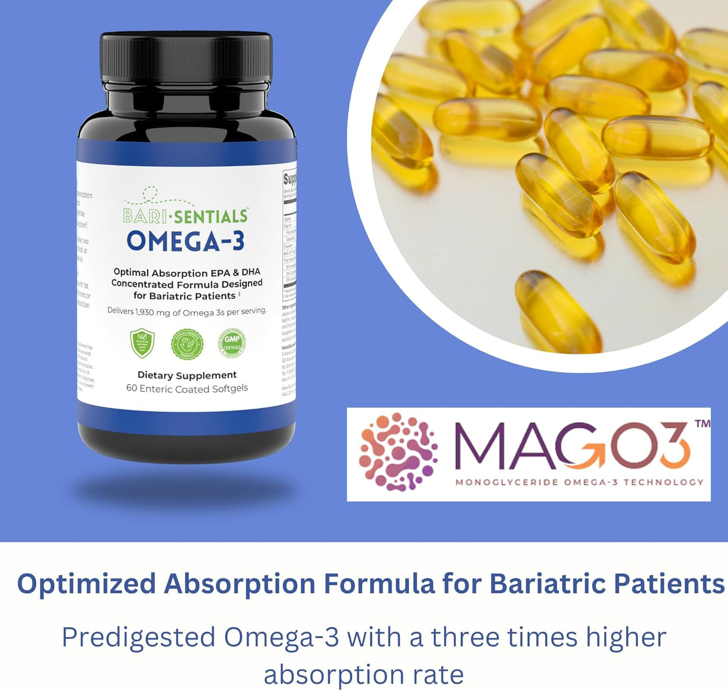 Bariatric-Friendly Omega-3 Supplement with High EPA & DHA - 1,930mg Per Serving - MAG-03 Technology - 60 Softgels