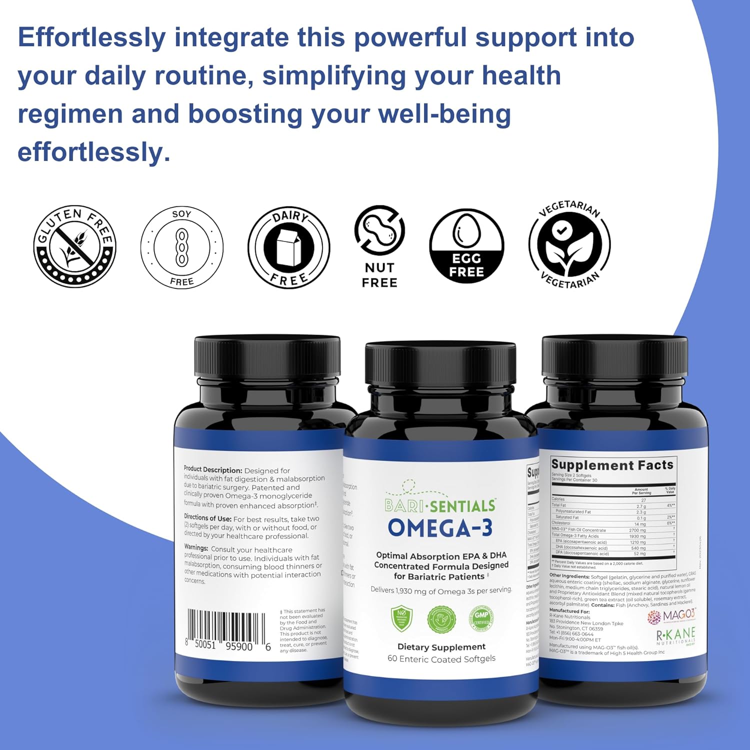 Bariatric-Friendly Omega-3 Supplement with High EPA & DHA - 1,930mg Per Serving - MAG-03 Technology - 60 Softgels