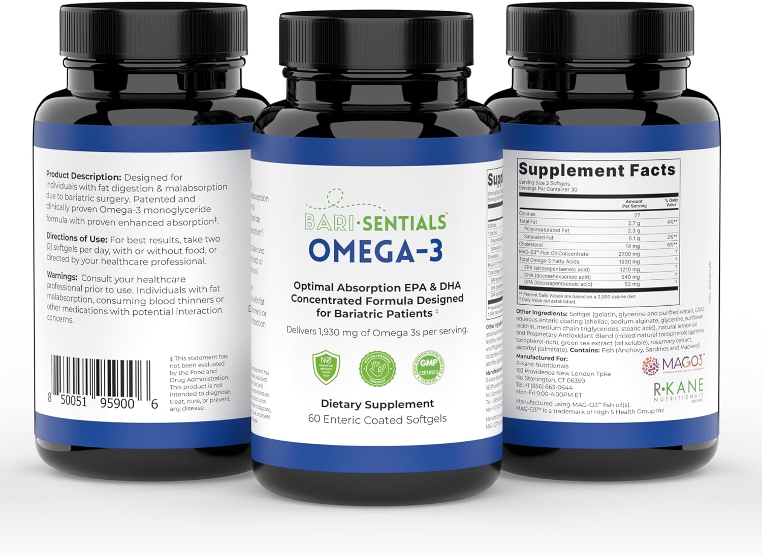 Bariatric-Friendly Omega-3 Supplement with High EPA & DHA - 1,930mg Per Serving - MAG-03 Technology - 60 Softgels