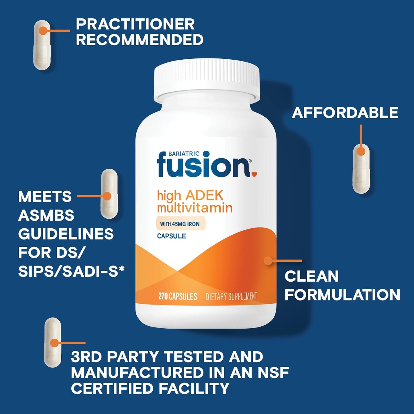 Bariatric Fusion High ADEK Multivitamin with Iron for Duodenal Switch | Easy-to-Swallow ADEK Vitamins | 270 Capsules - 3 Month Supply