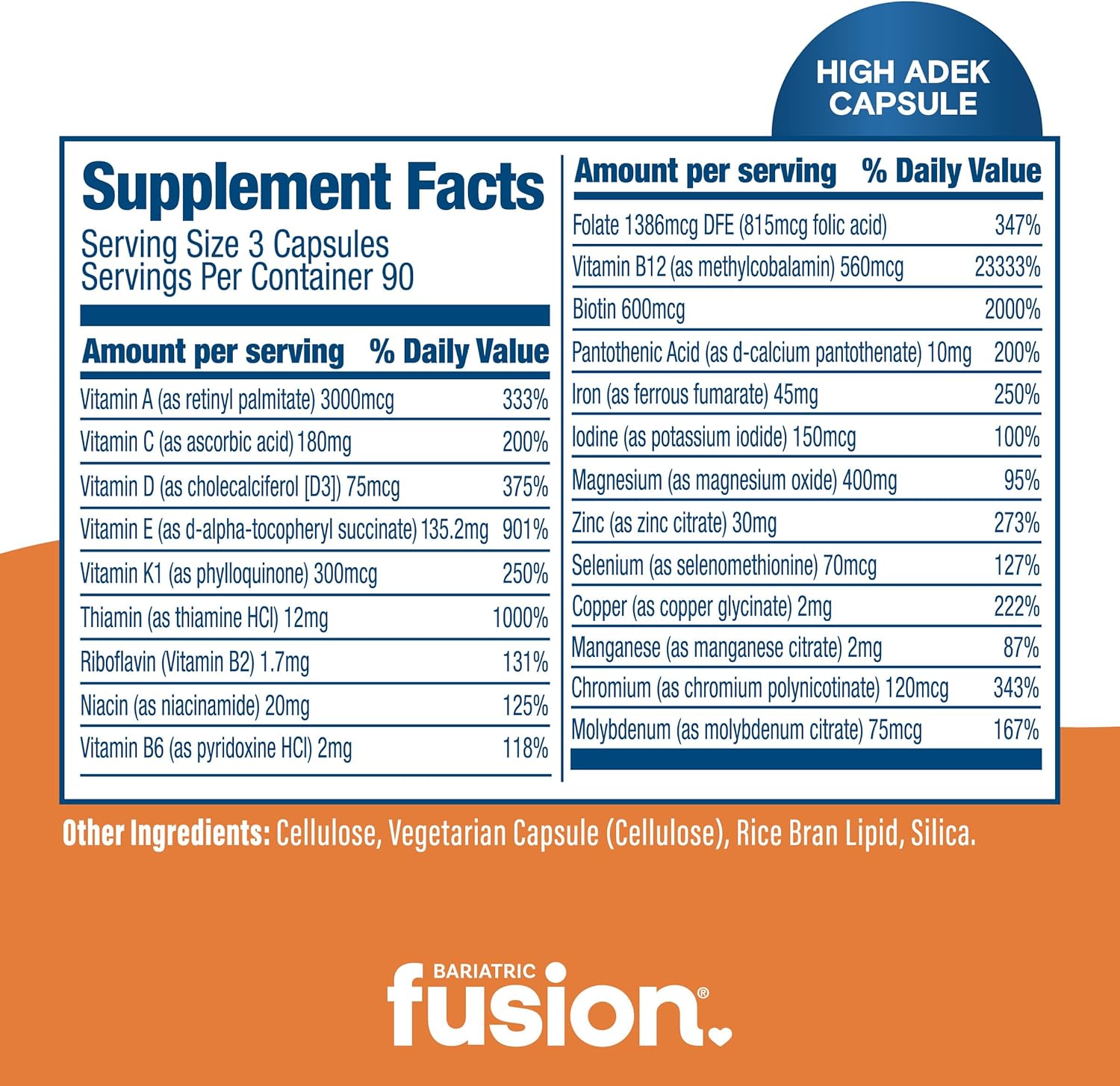 Bariatric Fusion High ADEK Multivitamin with Iron for Duodenal Switch | Easy-to-Swallow ADEK Vitamins | 270 Capsules - 3 Month Supply