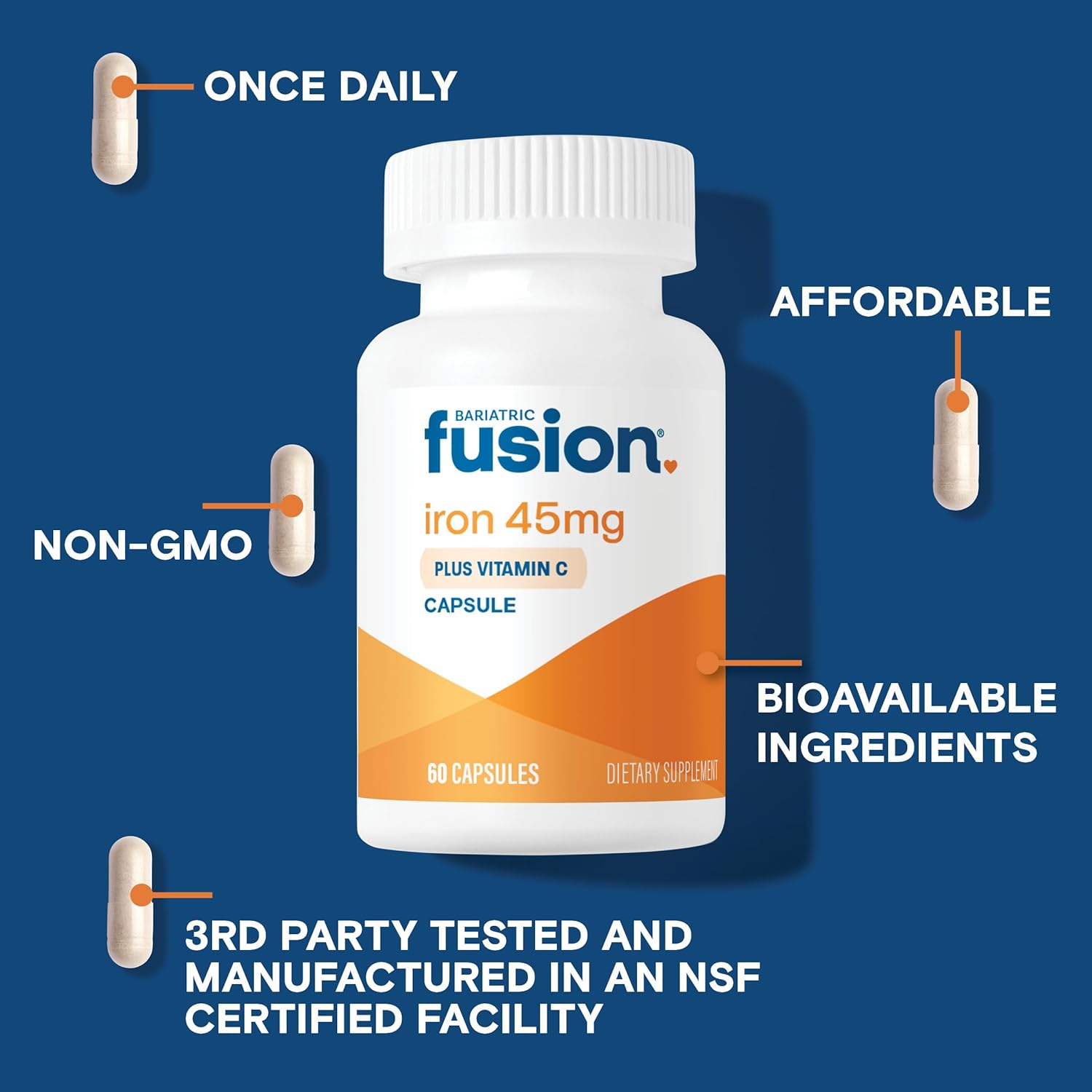 Bariatric Fusion Iron with Vitamin C | Daily Women and Men's Vitamin | Gluten, Dairy, Soy-Free | Non-GMO | 60 Count