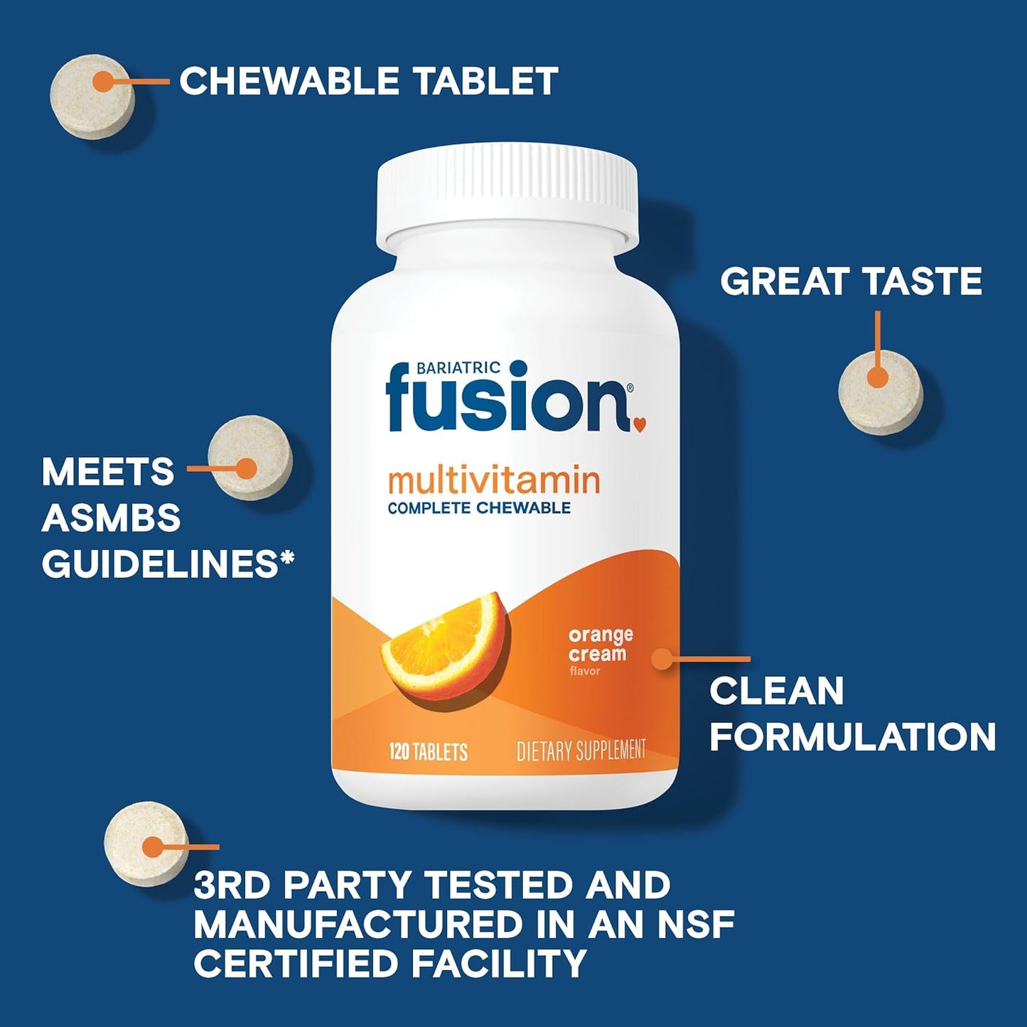 Bariatric Fusion Orange Cream Chewable Multivitamin with Iron - 120 Tablets for Bariatric Surgery Patients