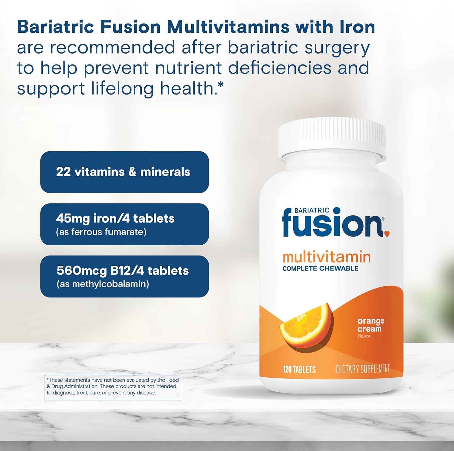 Bariatric Fusion Orange Cream Chewable Multivitamin with Iron - 120 Tablets for Bariatric Surgery Patients