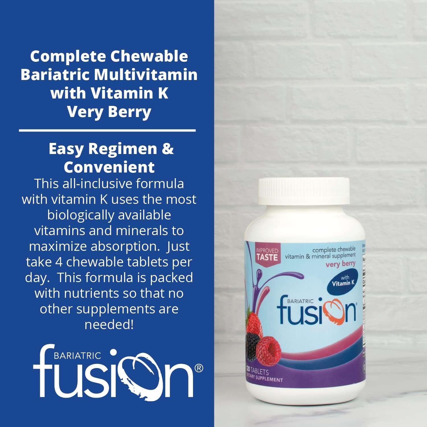 Bariatric Fusion Very Berry Chewable Multivitamin with Iron & Vitamin K - 120 Tablets for Gastric Bypass & Sleeve Gastrectomy